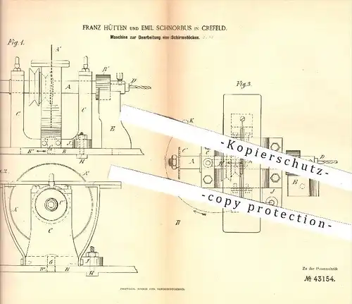 original Patent - F. Hütten , E. Schnorbus , Krefeld , 1887 , Bearbeitung von Schirmstöcken , Regenschirm , Sonnenschirm