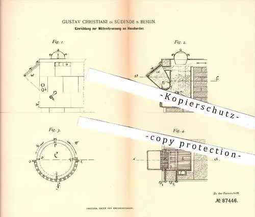 original Patent - Gustav Christiani , Südende / Berlin , 1896 , Müllverbrennung am Hausherd , Herd , Feuerung , Ofen !!!