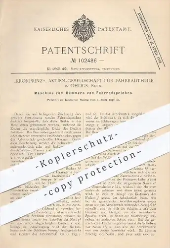 original Patent - Kronprinz AG für Fahrradteile in Ohligs , 1898 , Maschine zum Hämmern von Fahrradspeichen , Fahrrad !!