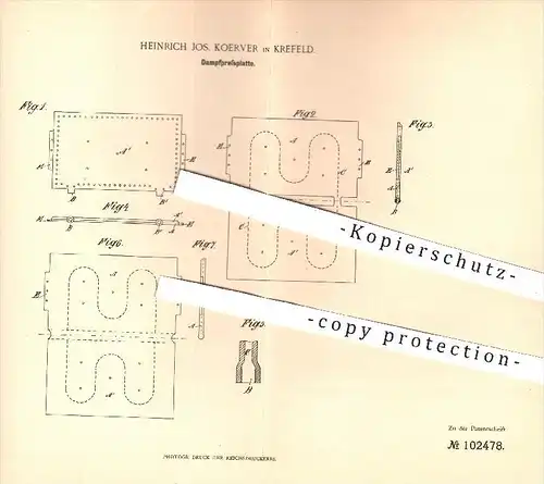 original Patent - Heinrich Jos. Koerver in Krefeld , 1898 , Dampfpressplatte / Dampf / Bleichen , Färben , Drucken !!!