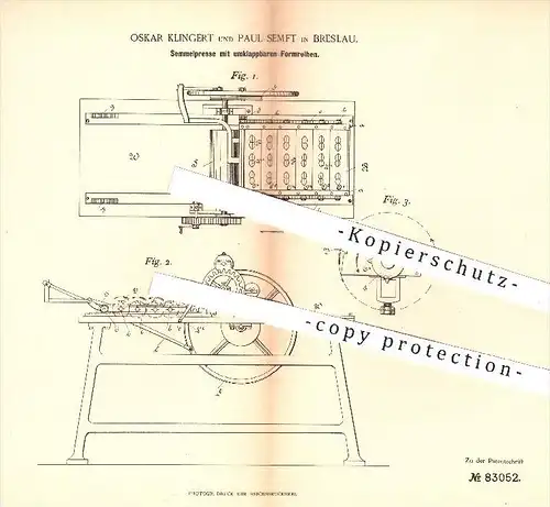 original Patent - O. Klingert , P. Semft , Breslau , 1895 , Semmelpresse mit umklappbaren Formreihen , Presse , Bäcker !