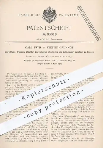 original Patent - Carl Peth , Stettin - Grünhof , 1894 , Wächter - Kontrolluhr kombiniert als Zeitangeber , Uhr , Uhren