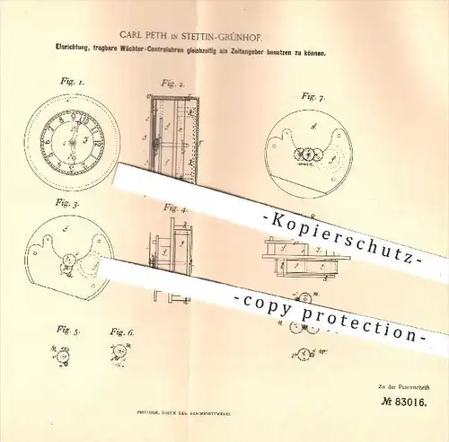 original Patent - Carl Peth , Stettin - Grünhof , 1894 , Wächter - Kontrolluhr kombiniert als Zeitangeber , Uhr , Uhren