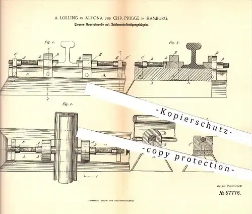 original Patent - A. Lolling , Altona , C. Prigge , Hamburg , 1890 , Querschwelle mit Schienenbefestigung , Eisenbahn !!