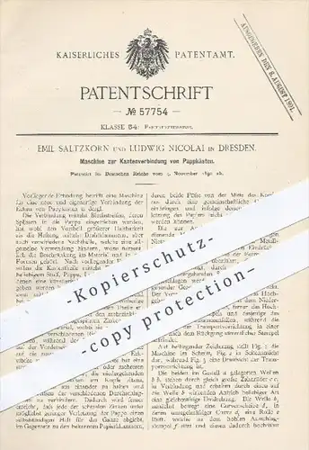 original Patent - E. Saltzkorn , L. Nicolai , Dresden , 1890 , Maschine zur Kantenverbindung von Pappkarton , Papier !!!