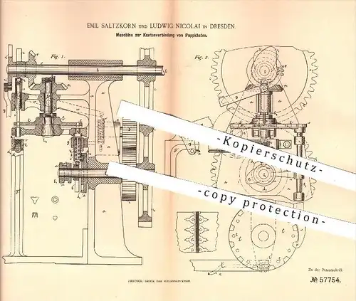 original Patent - E. Saltzkorn , L. Nicolai , Dresden , 1890 , Maschine zur Kantenverbindung von Pappkarton , Papier !!!