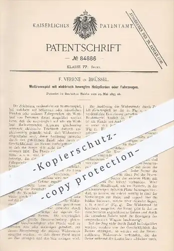 original Patent - F. Verrne in Brüssel , 1895 , Wettrennspiel mit elektrisch bewegtem Holzpferd o. Fahrzeug , Sport !!!