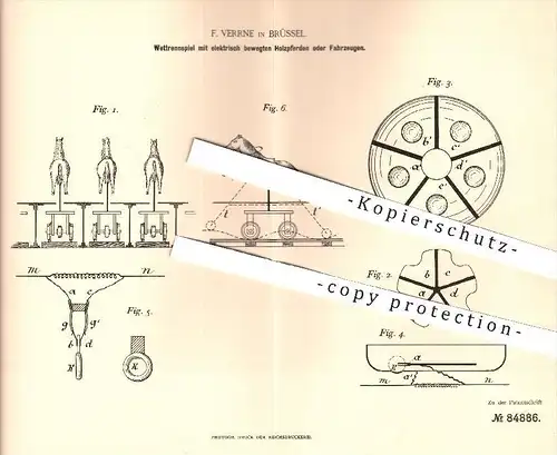 original Patent - F. Verrne in Brüssel , 1895 , Wettrennspiel mit elektrisch bewegtem Holzpferd o. Fahrzeug , Sport !!!