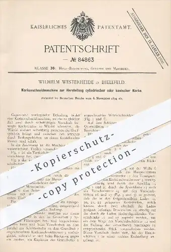 original Patent - Wilh. Westerheide , Bielefeld , 1894 , Korkenschneidmaschine zur Herstellung von Korken , Kork !!!
