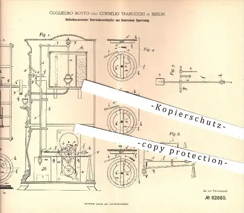 original Patent - Guglielmo Botto , Cornelio Trabucchi , Berlin , 1894 , Selbstkassierender Getränkeverkäufer , Automat