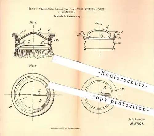 original Patent - E. Wizemann - C. Stiefenhofer , München , 1895 , Verschluss für Eisbeutel , Kühlbeutel , Verschlüsse !