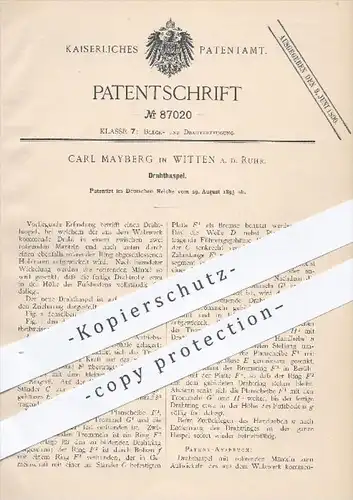 original Patent - Carl Mayberg in Witten / Ruhr , 1895 , Drahthaspel , Draht , Drähte , Walzwerk , Walzen , Haspel !