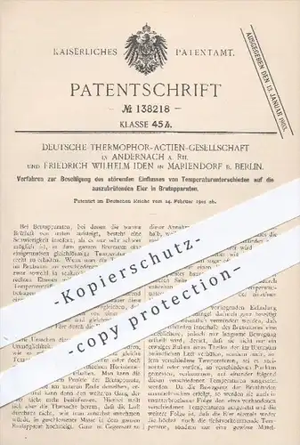 original Patent - Dt. Thermophor AG - Andernach , F. W. Iden , Mariendorf / Berlin , 1901 , Temperatur am Brutapparat