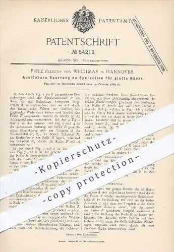 original Patent - F. Freiherr von Wechmar , Hannover , 1889 , Sperrung an Spurrollen für glatte Räder , Eisenbahn !!!