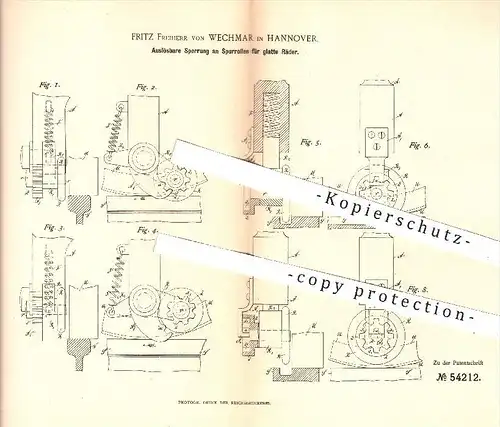 original Patent - F. Freiherr von Wechmar , Hannover , 1889 , Sperrung an Spurrollen für glatte Räder , Eisenbahn !!!