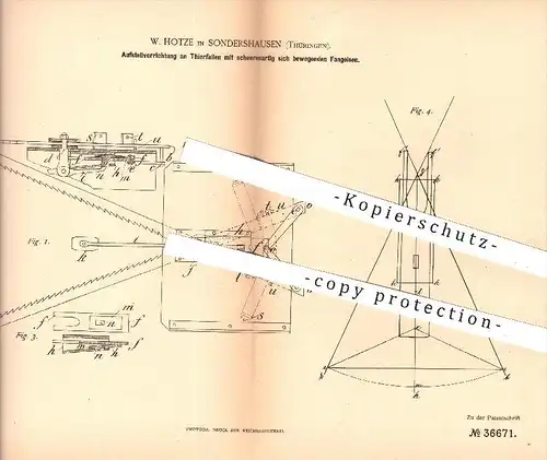 original Patent - W. Hotze , Sondershausen , 1885 , Aufstellen von Tierfallen mit scherenartig sich bewegenden Fangeisen