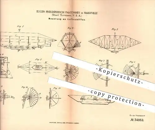 original Patent - E. Freudenreich Falconnet , Nashville , Tennessee , USA , 1885 , Luftschiff , Luftschiffe , Sport !!!