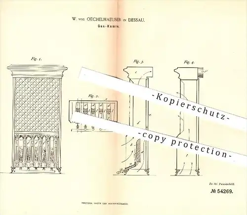 original Patent - W. von Oechelhaeuser , Dessau , 1890 , Gas - Kamin , Ofen , Öfen , Ofenbauer , Heizung , Feuerung !!!