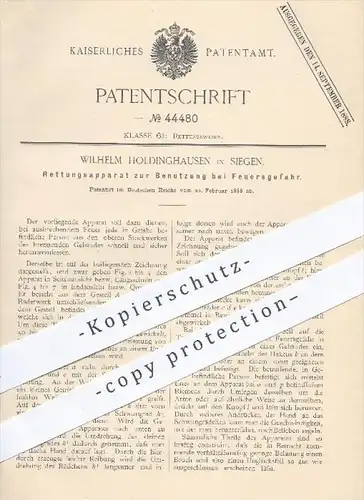 original Patent - W. Holdinghausen , Siegen , 1888 , Rettungsapparat bei Feuergefahr , Feuerwehr , Feuerwehrmann !!!