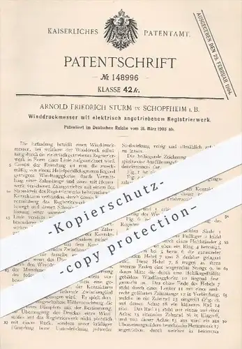 original Patent - A. F. Sturm , Schopfheim , 1903 , Winddruckmesser mit elektrisch angetriebenem Registrierwerk , Druck