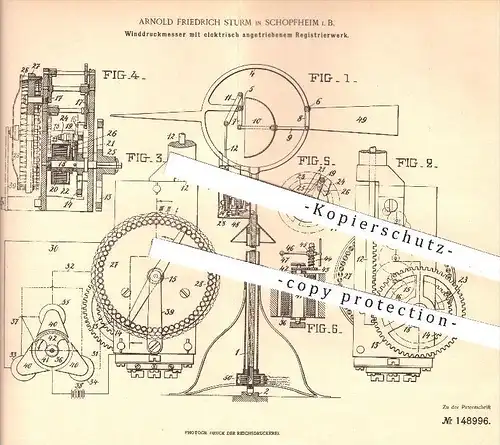 original Patent - A. F. Sturm , Schopfheim , 1903 , Winddruckmesser mit elektrisch angetriebenem Registrierwerk , Druck