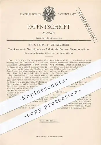original Patent - Louis Kiehne , Wernigerode , 1885 , Trockenrauch-Einrichtung an Tabak - Pfeifen u. Zigarren - Spitzen