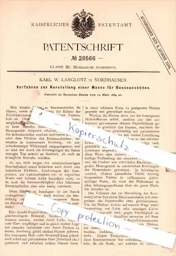 Original Patent  - Karl W. Lnglotz n Nordhausen , 1884 , Musikalische Instrumente !!!