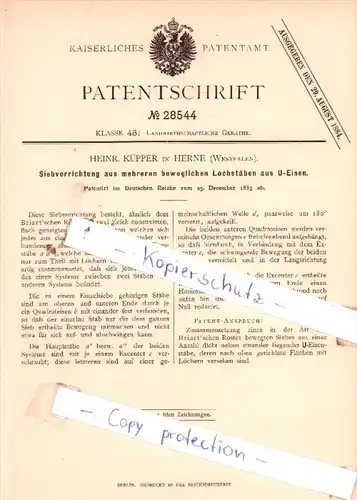 Original Patent  - Heinr. Küpper in Herne , Westfalen , 1883 ,  bewegliche Lochstäben aus U-Eisen !!!