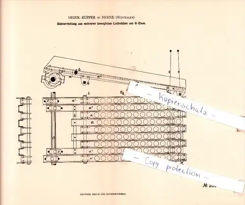 Original Patent  - Heinr. Küpper in Herne , Westfalen , 1883 ,  bewegliche Lochstäben aus U-Eisen !!!
