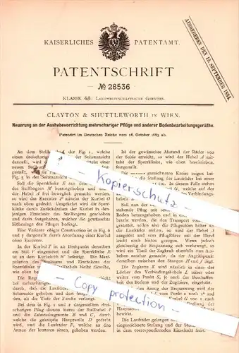 Original Patent  -  Clayton & Shuttleworth in Wien , 1883 , mehrschariger Pflüge !!!