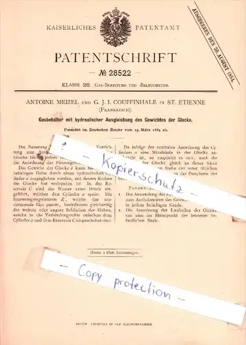 Original Patent  - Antoine Meizel und G. J. I. Couffinhale in St. Etienne , Frankreich , 1884 , !!!