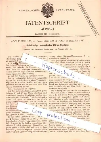 Original Patent  - Adolf Bechem, in Firma Bechem & Post in Hagen i. W. , 1884 , Wärme-Regulator !!!