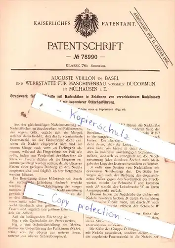 Original Patent  - A. Veillon in Basel und Werkstätte für Maschinenbau in Mühlhausen e. E. , 1893 , !!!