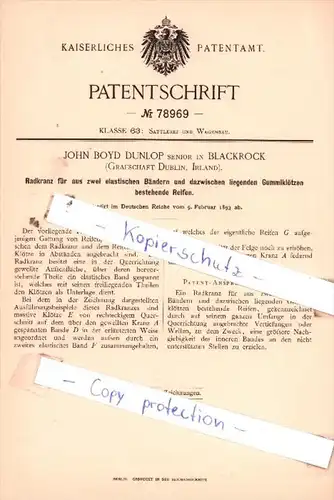 Original Patent  - John Boyd Dunlop sen. in Blackrock , Grafsch. Dublin, Irland , 1893 , !!!
