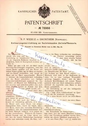 Original Patent  - N. P. Wedege in Drontheim , Norwegen , 1894 , Papierfabrikation !!!