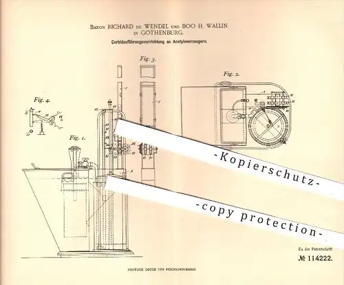 original Patent - Baron Richard de Wendel / Boo H. Wallin , Gothenburg , 1898 , Carbidzuführung am Acetylenerzeuger