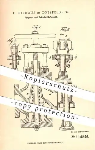 original Patent - H. Niehaus , Coesfeld 1898 , Absperrventil Selbstschlussventil , Ventil , Dampfleitung , Dampfmaschine