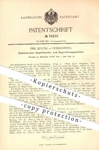 original Patent - E. Klucke , Quedlinburg , 1893 , Elektr. Melder zur Zugabfahrt + Zugrichtung , Eisenbahn , Eisenbahnen