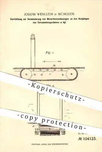 original Patent - Joseph Wenglein in München , 1898 , Verminderung von Menschenmassen am Ausgang von Versammlungsstätten