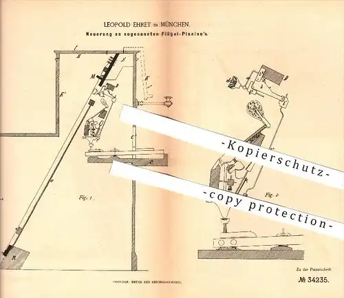original Patent - Leopold Ehret in München , 1885 , Flügel - Pianino , Piano , Klavier , Musikinstrumente , Musik !!!