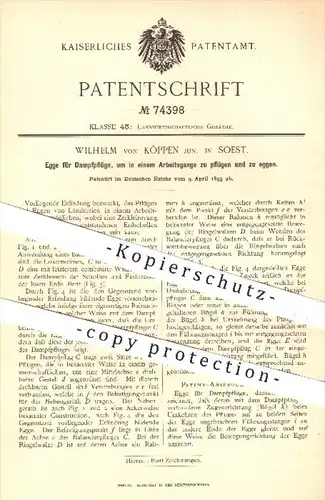 original Patent - Wilhelm von Köppen , Soest , 1893 , Egge für Dampfpflüge , Pflug , Pflügen , Eggen , Landwirtschaft !!