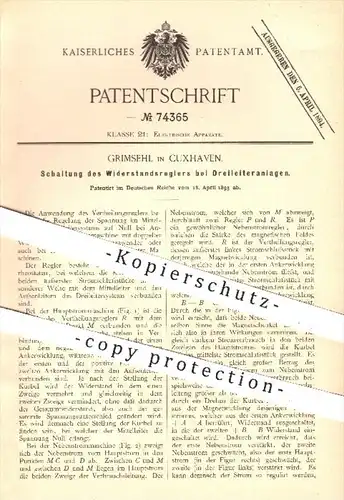 original Patent - Grimsehl in Cuxhaven , 1893 , Schaltung des Widerstandreglers bei Dreileiteranlagen , Elektrik , Strom