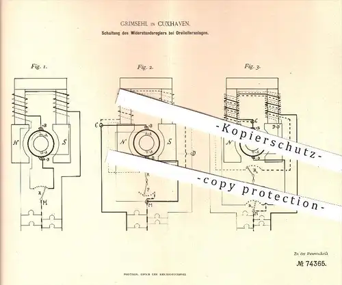 original Patent - Grimsehl in Cuxhaven , 1893 , Schaltung des Widerstandreglers bei Dreileiteranlagen , Elektrik , Strom