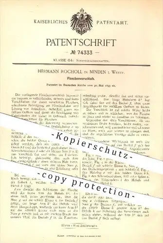 original Patent - Hermann Rocholl , Minden , 1893 , Flaschen - Verschluss , Flasche , Glasflaschen , Gastronomie !!!