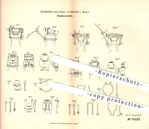 original Patent - Hermann Rocholl , Minden , 1893 , Flaschen - Verschluss , Flasche , Glasflaschen , Gastronomie !!!
