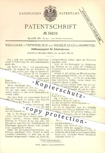 original Patent - W. Lauke , Trendelbusch / W. Huch , Hannover , 1885 , Zuführungsapparat für Schnitzelpressen , Pressen