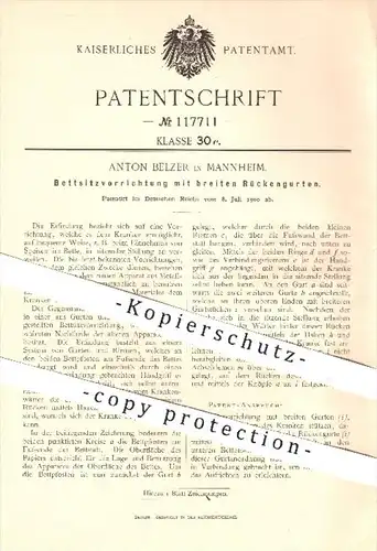 original Patent - Anton Belzer in Mannheim , 1900 , Bettsitzvorrichtung mit breiten Rückengurten , Bett , Krankenpflege
