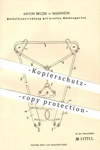 original Patent - Anton Belzer in Mannheim , 1900 , Bettsitzvorrichtung mit breiten Rückengurten , Bett , Krankenpflege