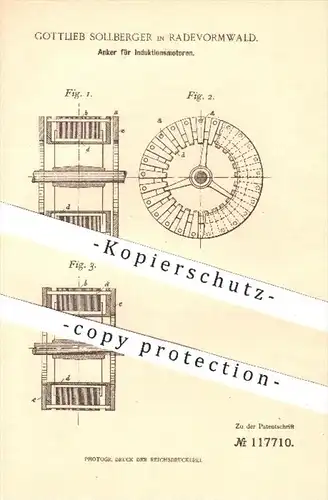 original Patent - Gottlieb Sollberger in Radevormwald , 1900 , Anker für Induktionsmotoren , Induktion , Motor , Motoren