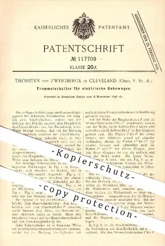 original Patent - Th. von Zweigbergk / Cleveland , Ohio , USA , 1898 , Trommelschalter für elektr. Bahnwagen , Eisenbahn